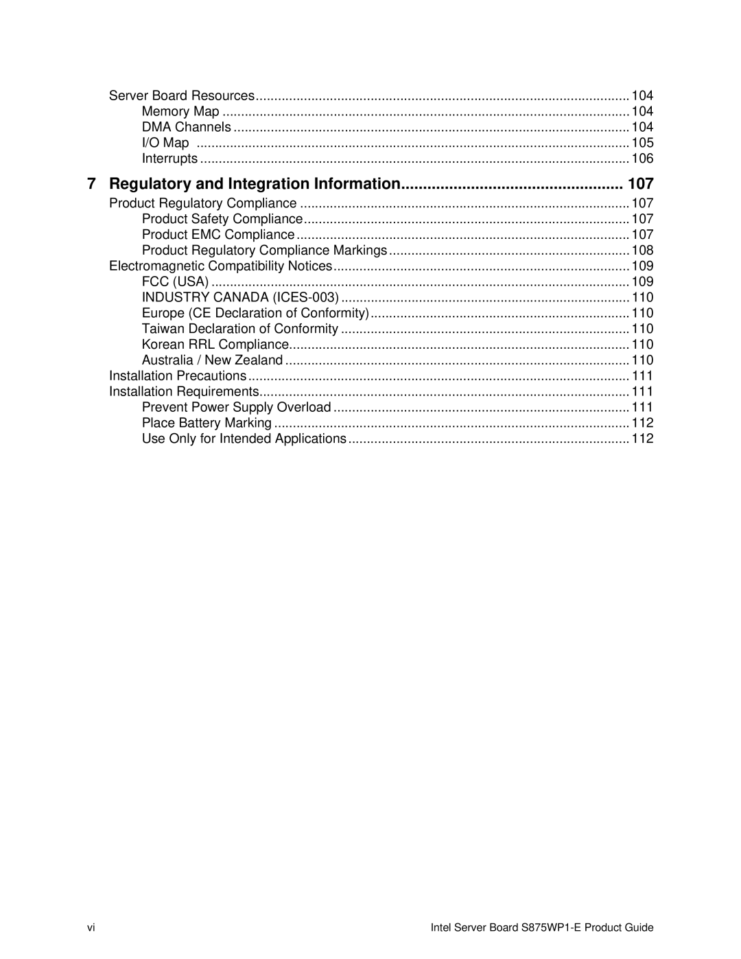 Intel S875WP1-E manual Regulatory and Integration Information 107, Industry Canada ICES-003 