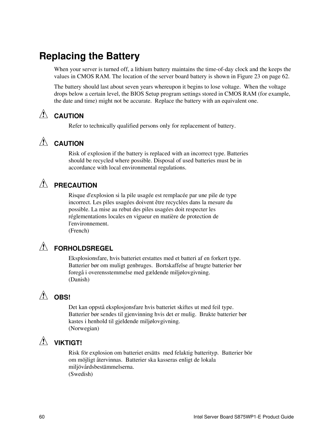 Intel S875WP1-E manual Replacing the Battery, Precaution 