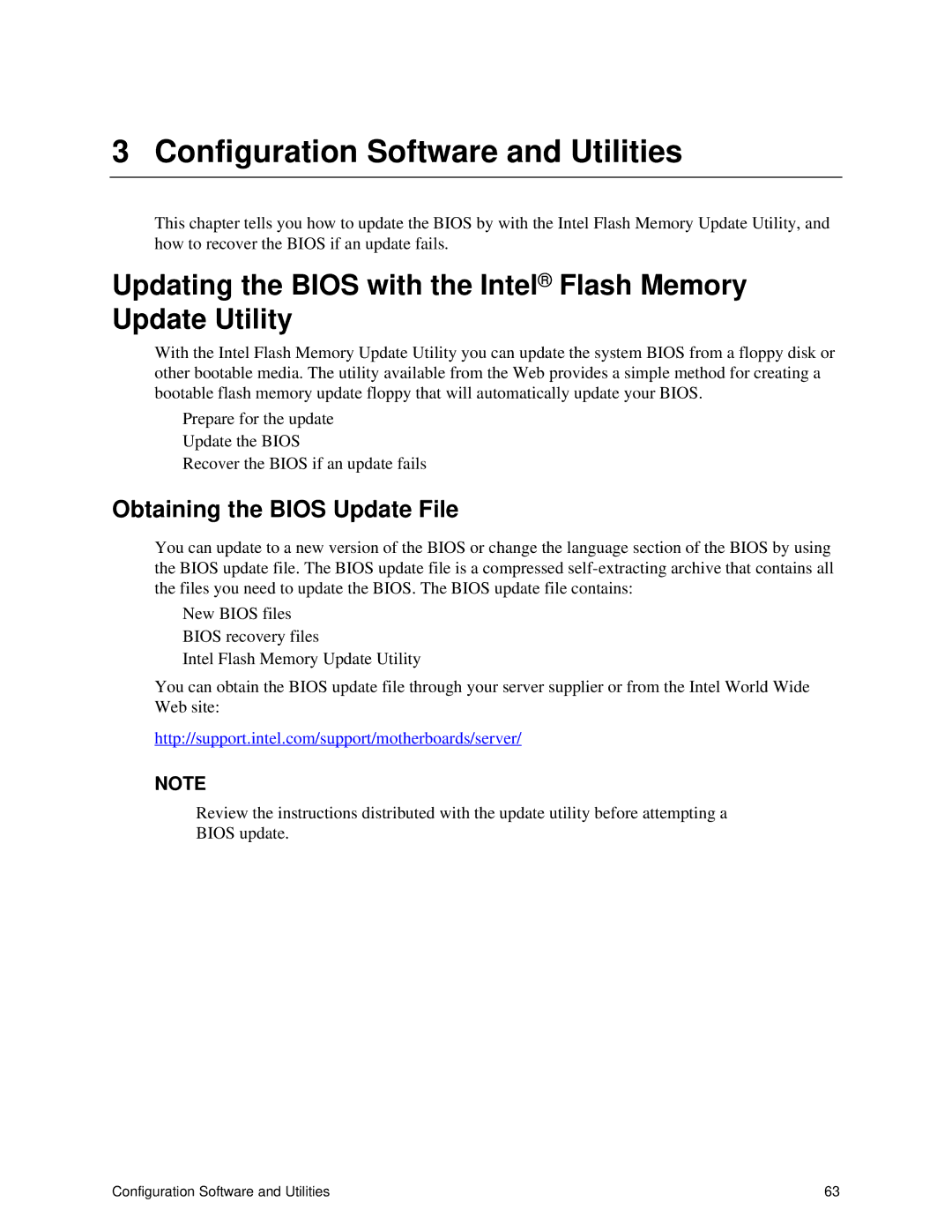 Intel S875WP1-E manual Updating the Bios with the Intel Flash Memory Update Utility, Obtaining the Bios Update File 