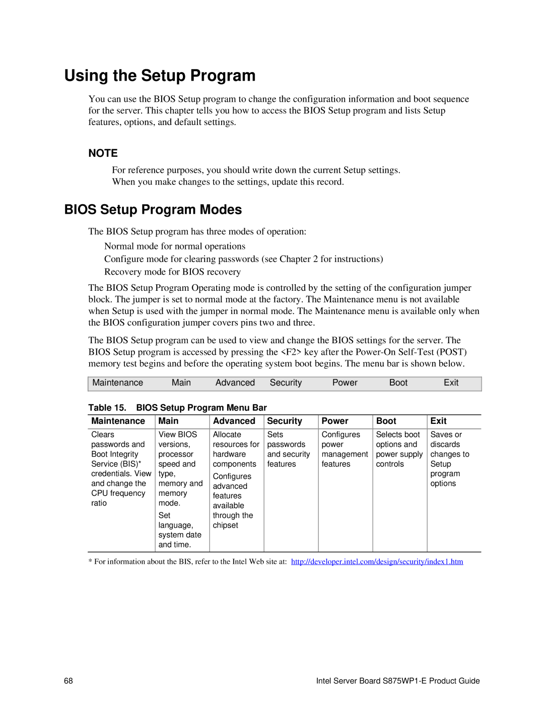 Intel S875WP1-E manual Using the Setup Program, Bios Setup Program Modes 