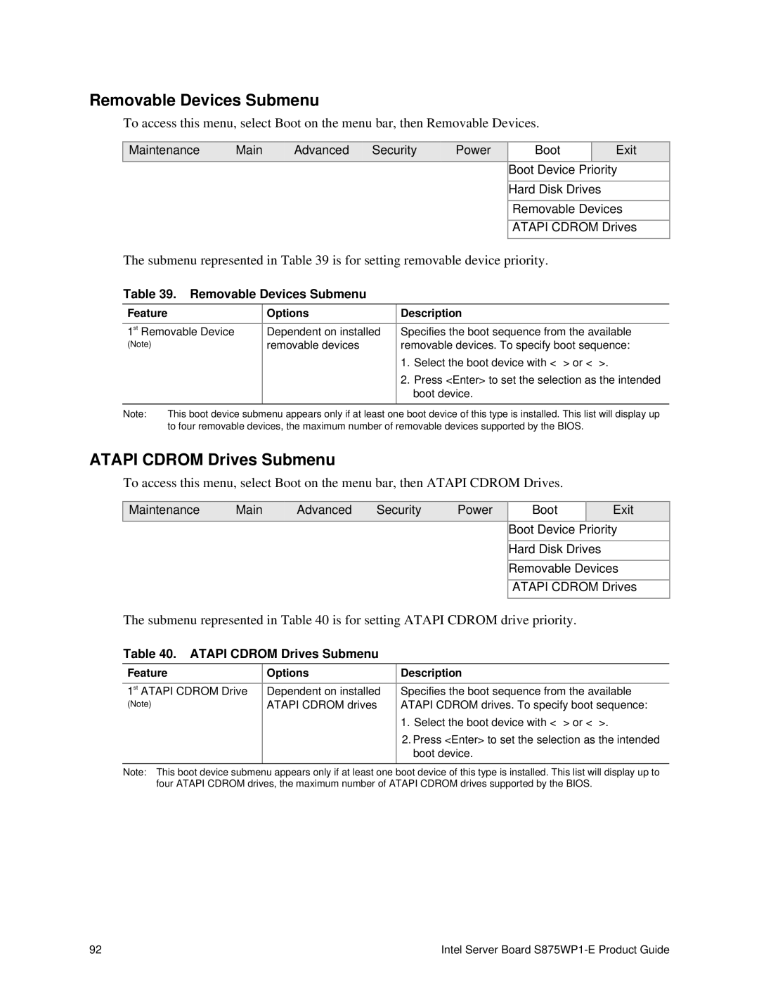 Intel S875WP1-E manual Removable Devices Submenu, Atapi Cdrom Drives Submenu 