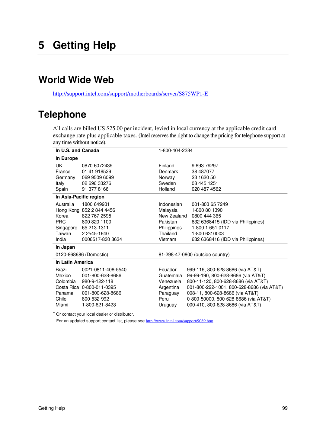 Intel S875WP1-E manual World Wide Web Telephone, U.S. and Canada Europe, Asia-Pacific region, Japan, Latin America 