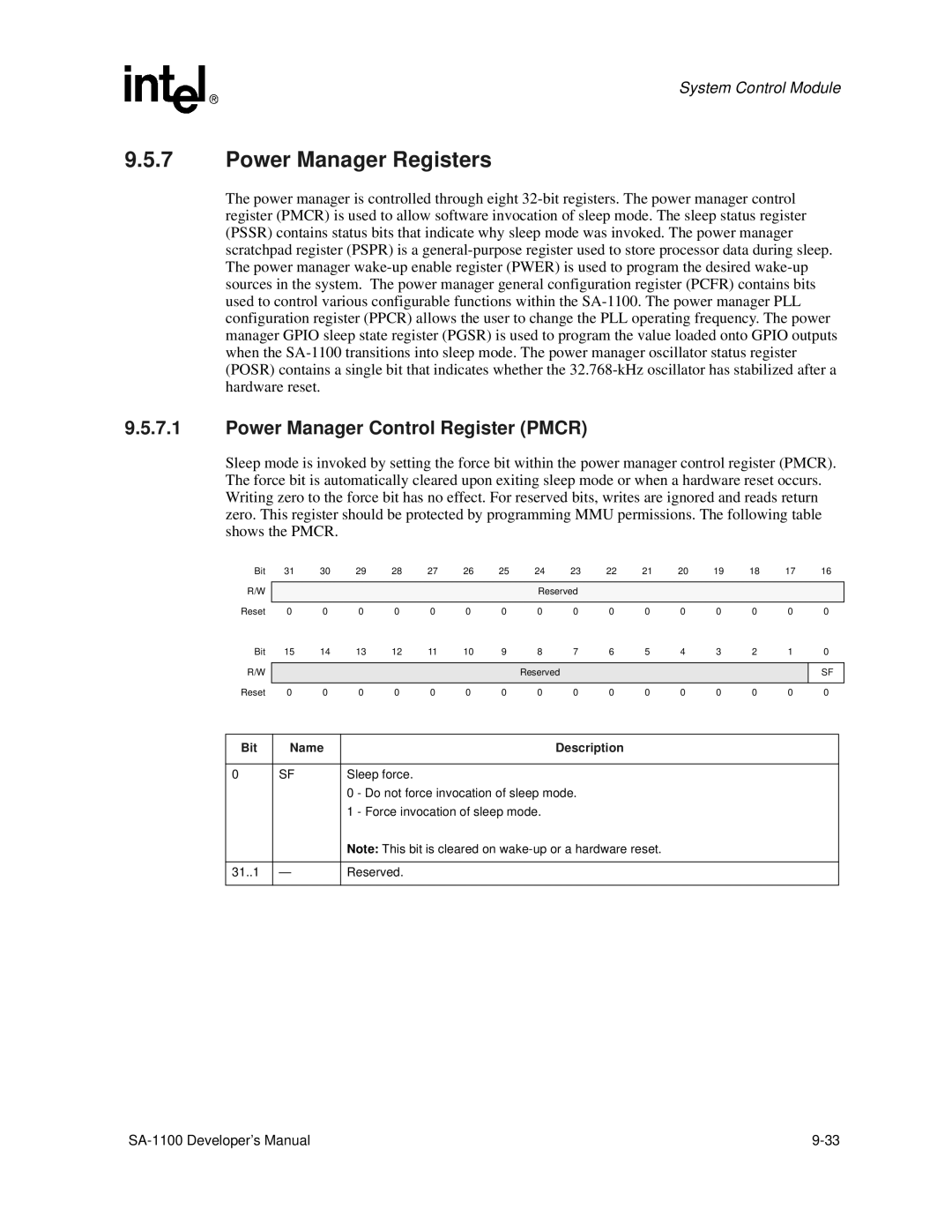 Intel SA-1100 manual Power Manager Registers, Power Manager Control Register Pmcr 