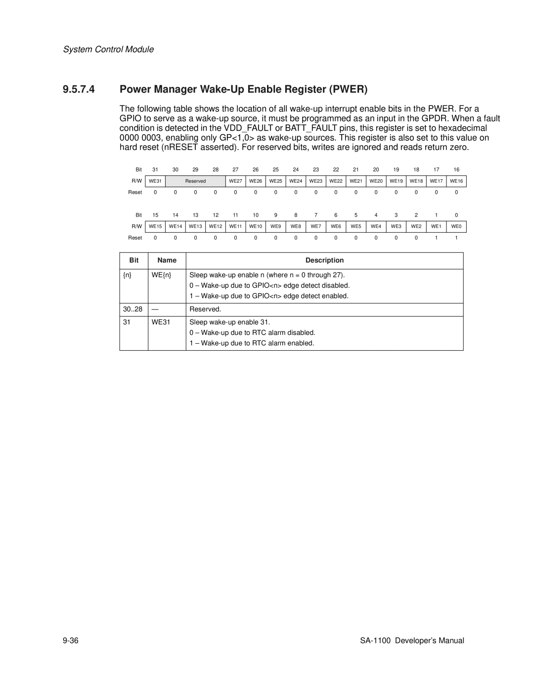 Intel SA-1100 manual Power Manager Wake-Up Enable Register Pwer, WEn 