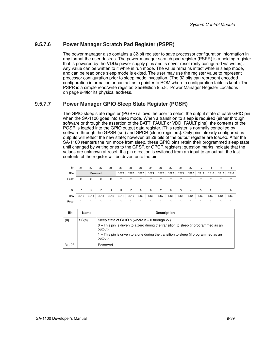 Intel SA-1100 manual Power Manager Scratch Pad Register Pspr, Power Manager Gpio Sleep State Register Pgsr 