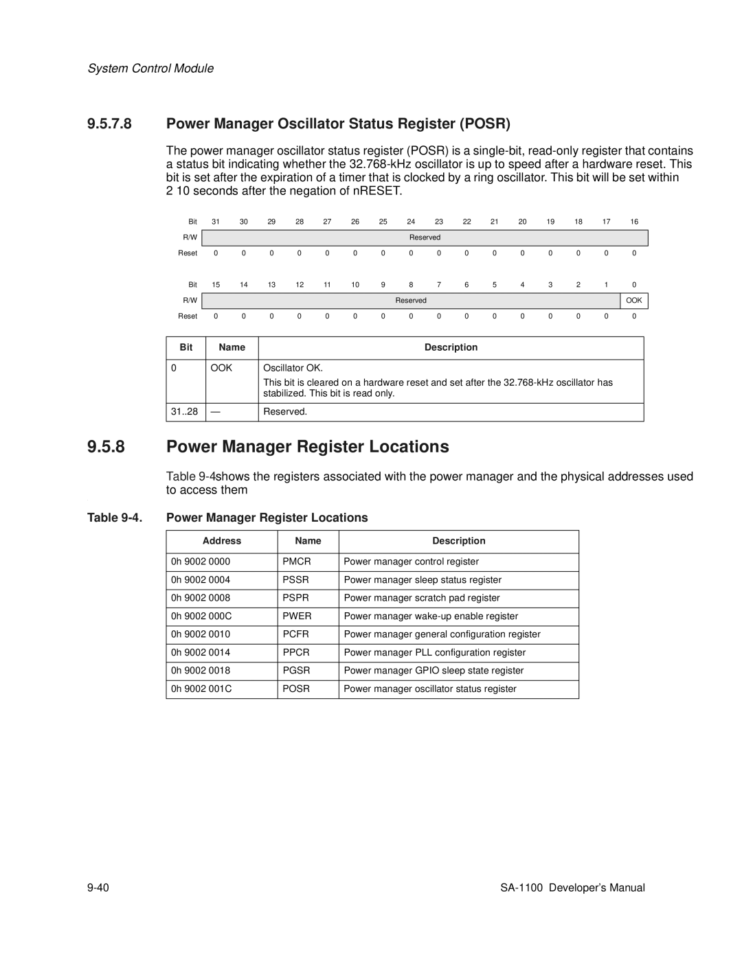 Intel SA-1100 manual Power Manager Register Locations, Power Manager Oscillator Status Register Posr 