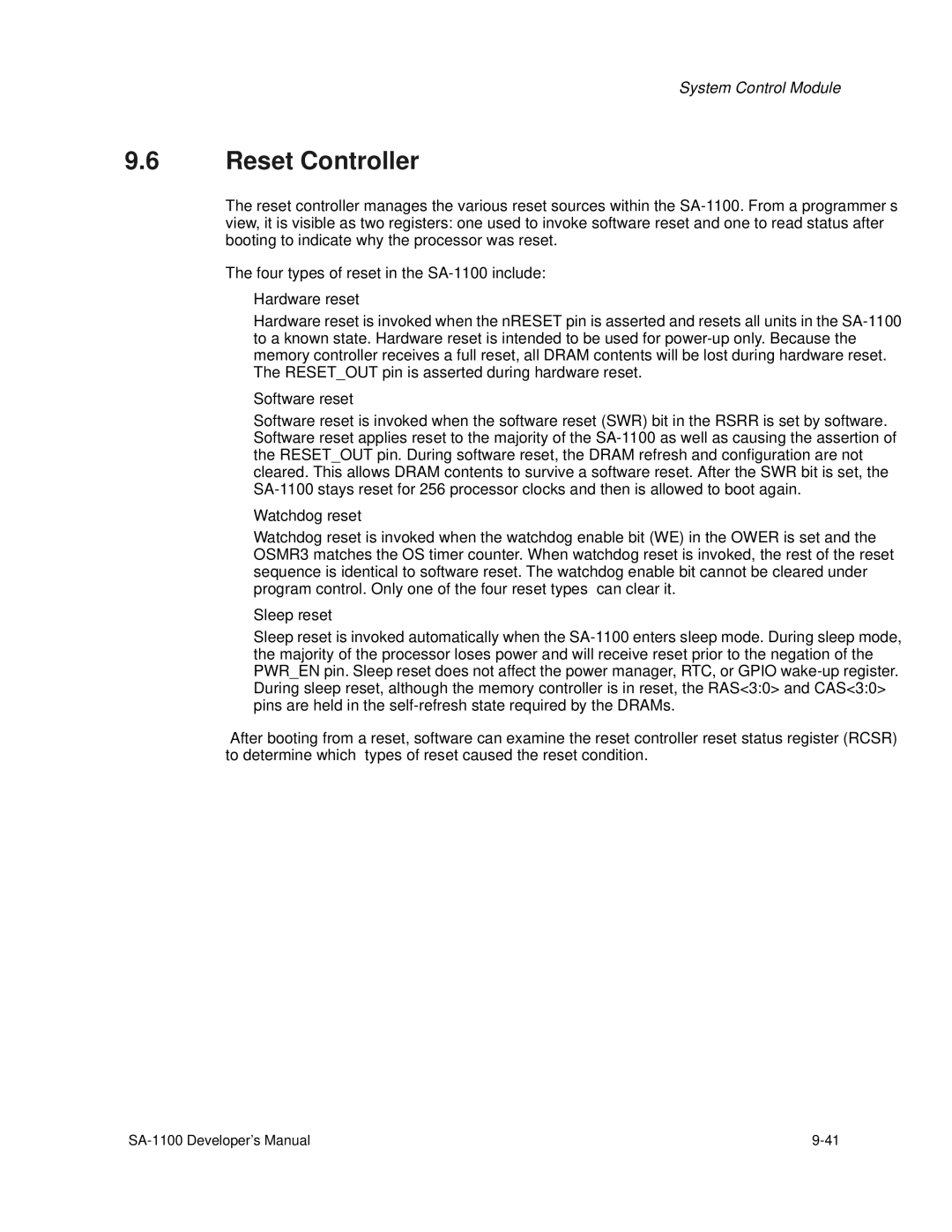 Intel SA-1100 manual Reset Controller, Hardware reset 