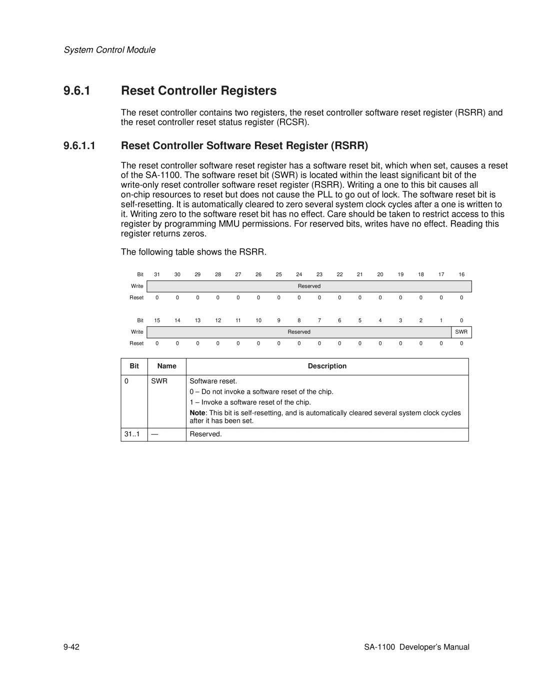 Intel SA-1100 manual Reset Controller Registers, Reset Controller Software Reset Register Rsrr, Swr, Software reset 