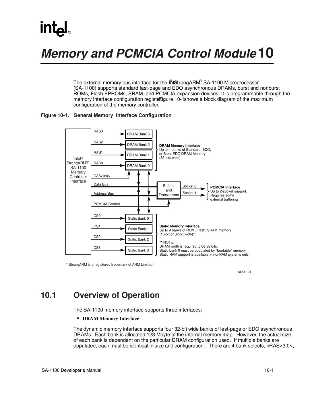 Intel manual Memory and Pcmcia Control Module, Overview of Operation, Intel, SA-1100 Memory Controller Interface 