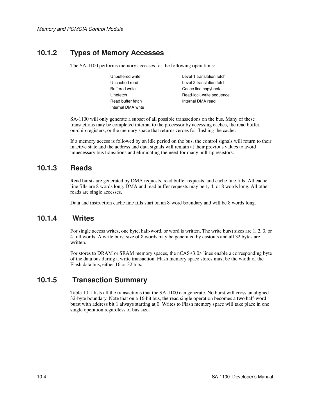 Intel SA-1100 manual Types of Memory Accesses, Reads, Writes, Transaction Summary 