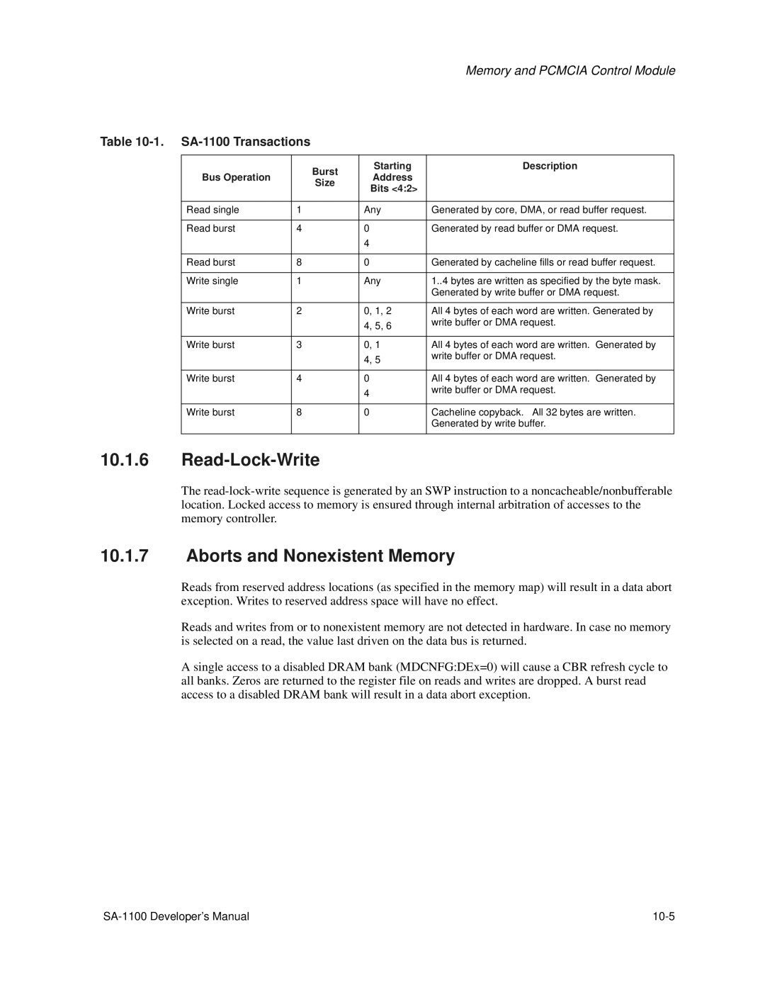 Intel manual Read-Lock-Write, Aborts and Nonexistent Memory, SA-1100 Transactions, Bus Operation, Bits 