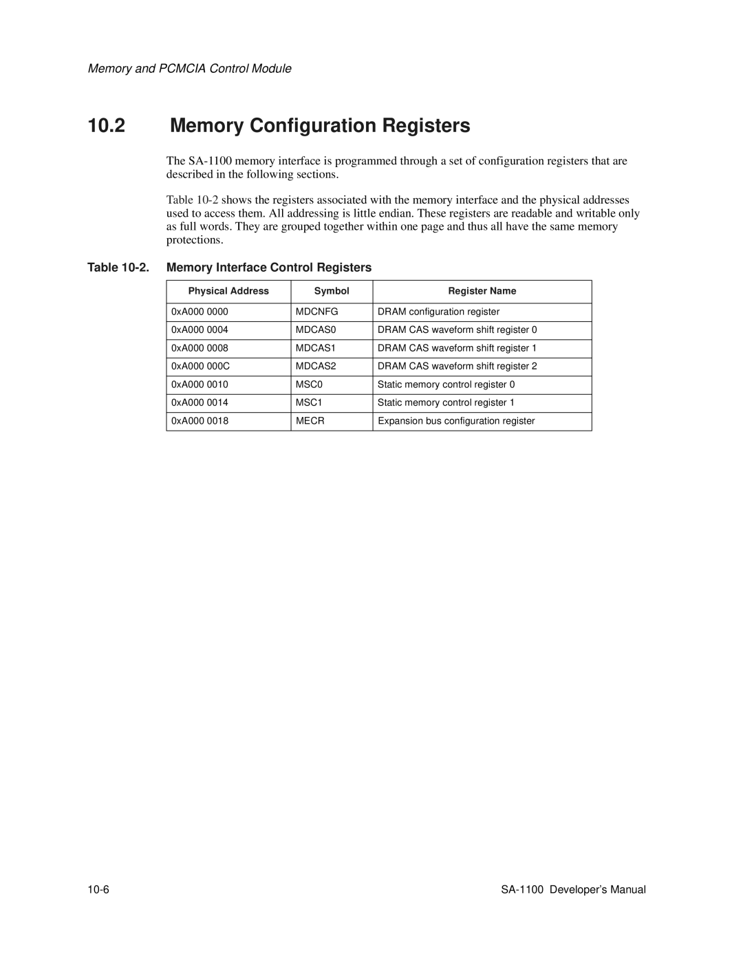 Intel SA-1100 Memory Configuration Registers, Memory Interface Control Registers, Physical Address Symbol Register Name 