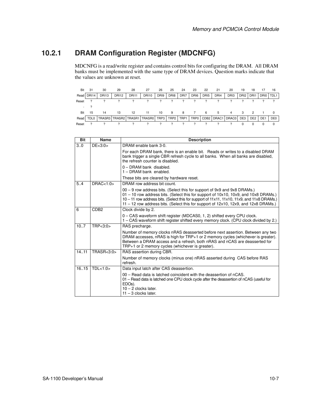 Intel SA-1100 manual Dram Configuration Register Mdcnfg, CDB2 