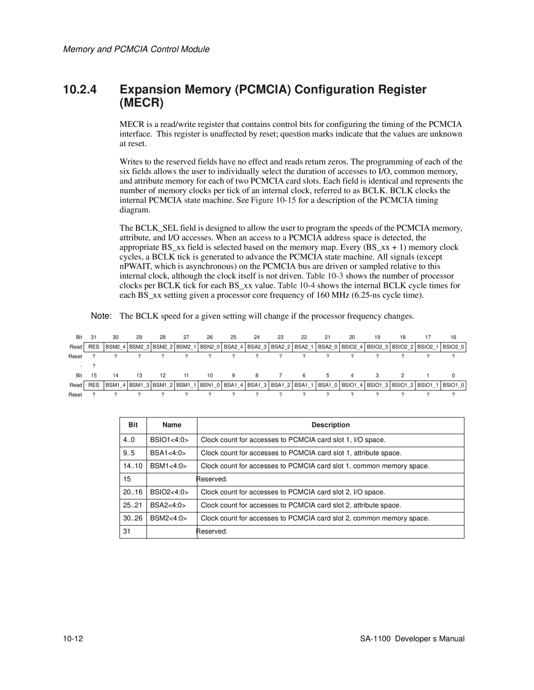 Intel SA-1100 manual Expansion Memory Pcmcia Configuration Register Mecr 