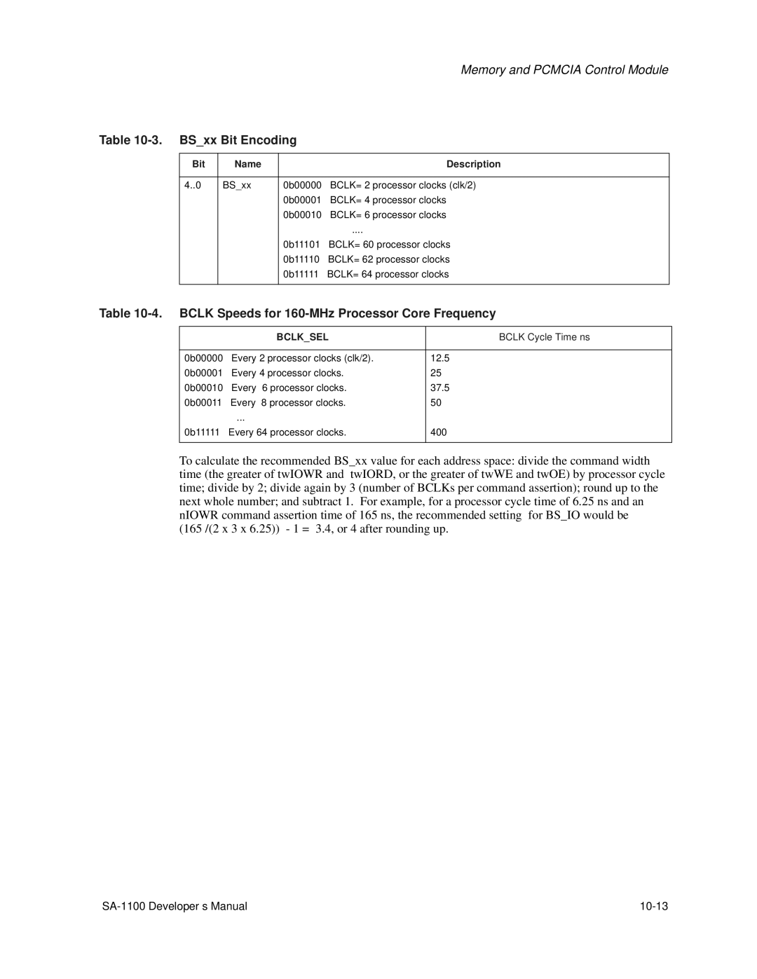 Intel SA-1100 manual BSxx Bit Encoding, Bclk Speeds for 160-MHz Processor Core Frequency, Bclksel, Bclk Cycle Time-ns 