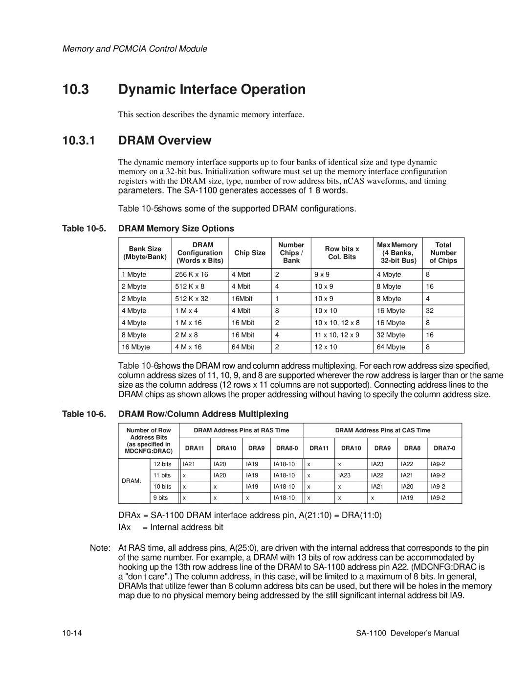 Intel SA-1100 Dynamic Interface Operation, Dram Overview, Dram Memory Size Options, Dram Row/Column Address Multiplexing 