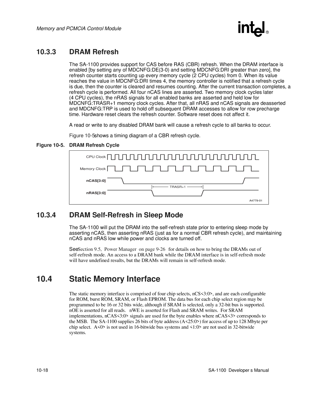 Intel SA-1100 manual Static Memory Interface, Dram Refresh, Dram Self-Refresh in Sleep Mode, 10-18 