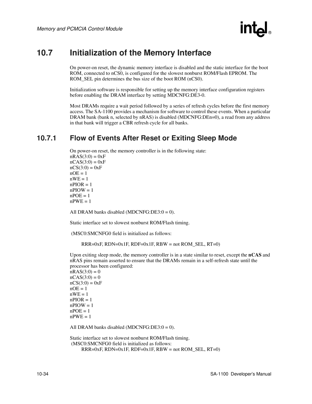 Intel SA-1100 manual Initialization of the Memory Interface, Flow of Events After Reset or Exiting Sleep Mode, 10-34 