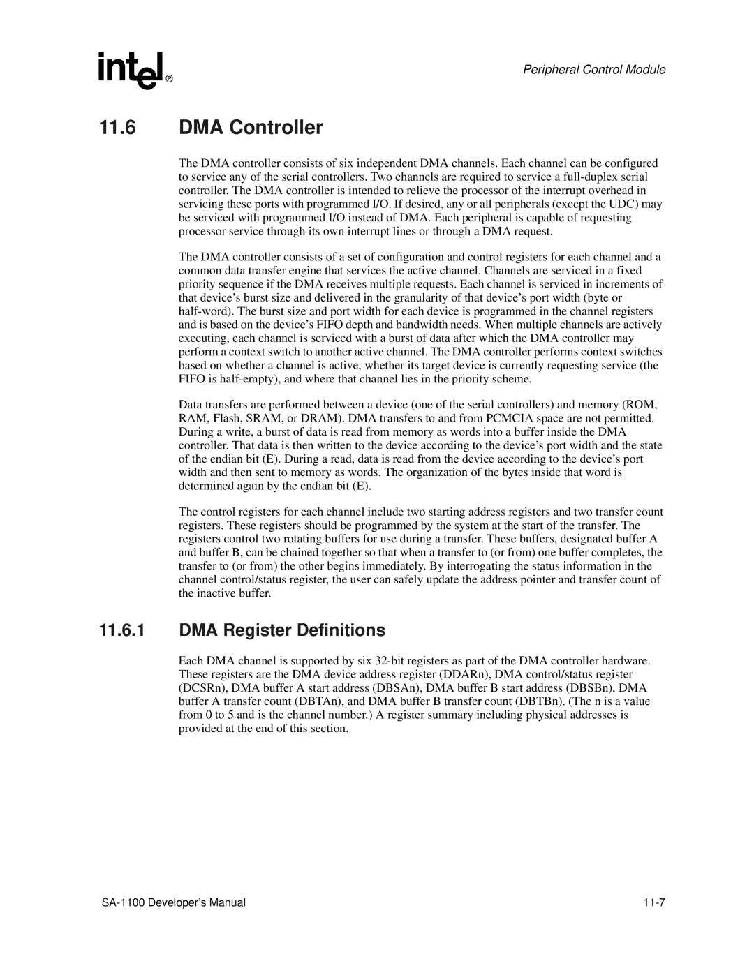 Intel SA-1100 manual DMA Controller, DMA Register Definitions 