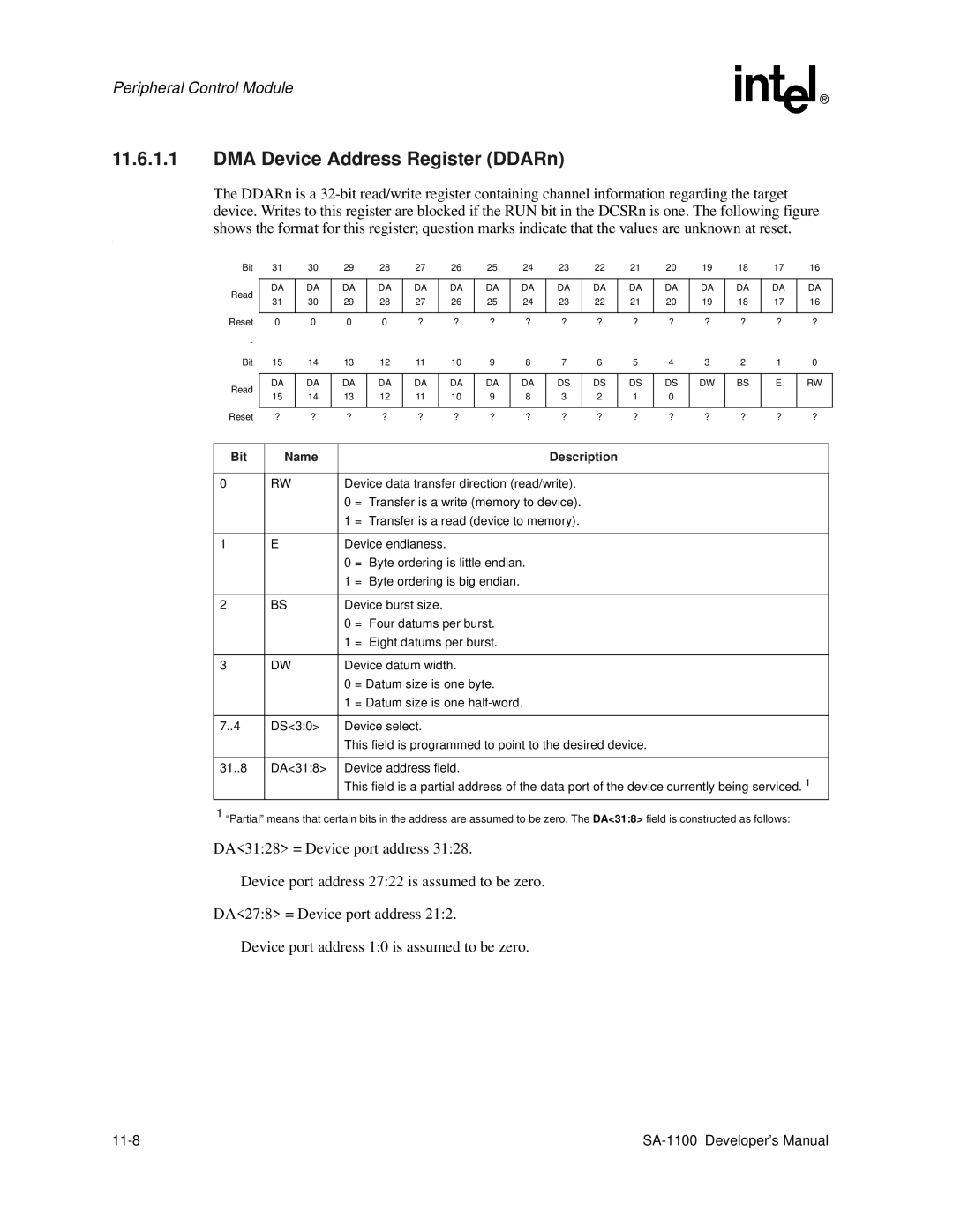 Intel SA-1100 manual DMA Device Address Register DDARn 