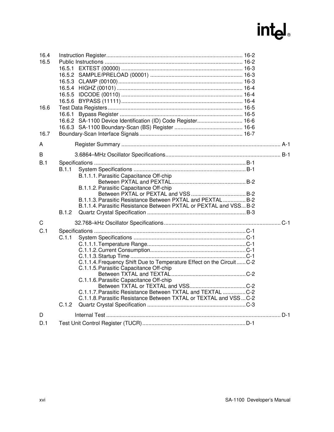 Intel SA-1100 manual Register Summary MHz Oscillator Specifications, KHz Oscillator Specifications, Internal Test 