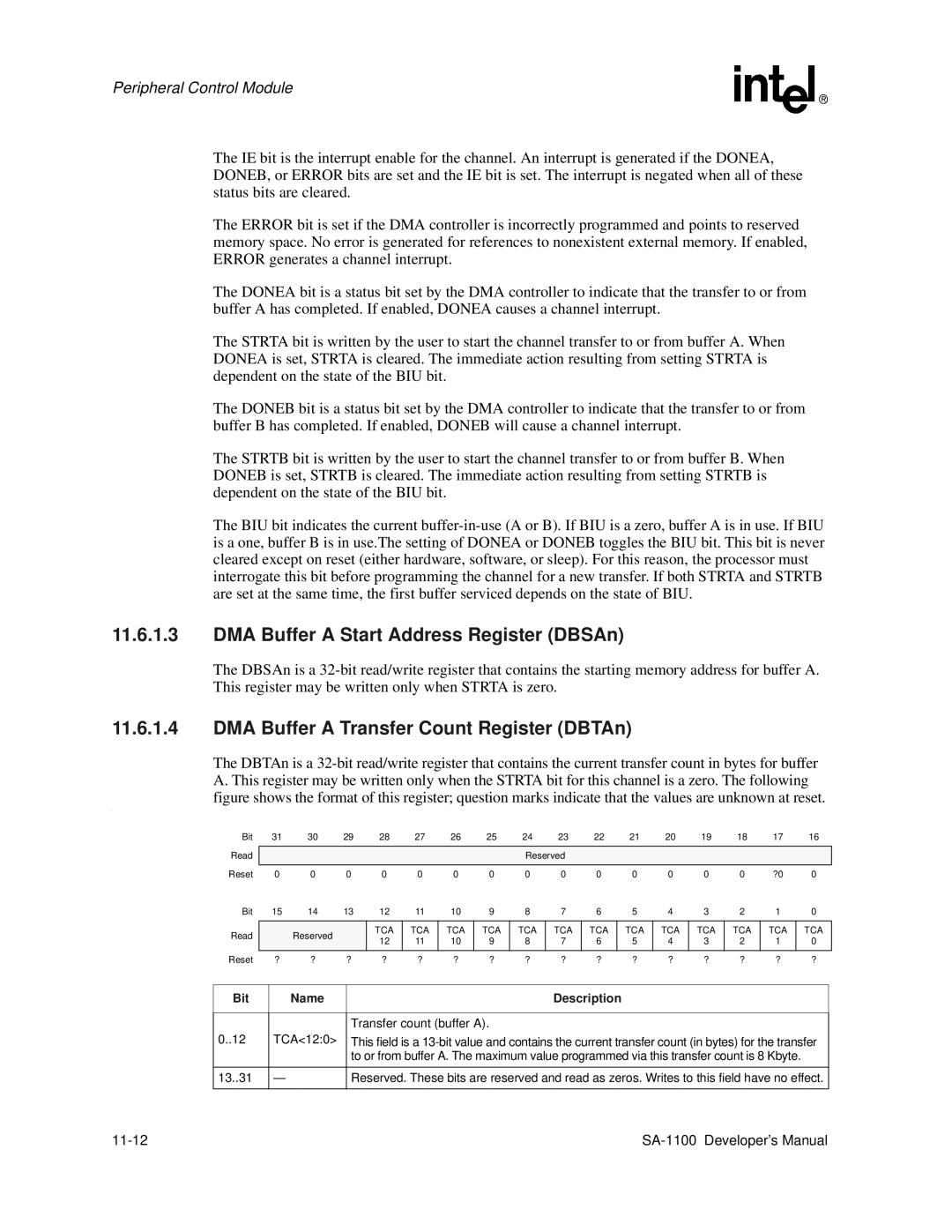 Intel SA-1100 manual DMA Buffer a Start Address Register DBSAn, DMA Buffer a Transfer Count Register DBTAn 