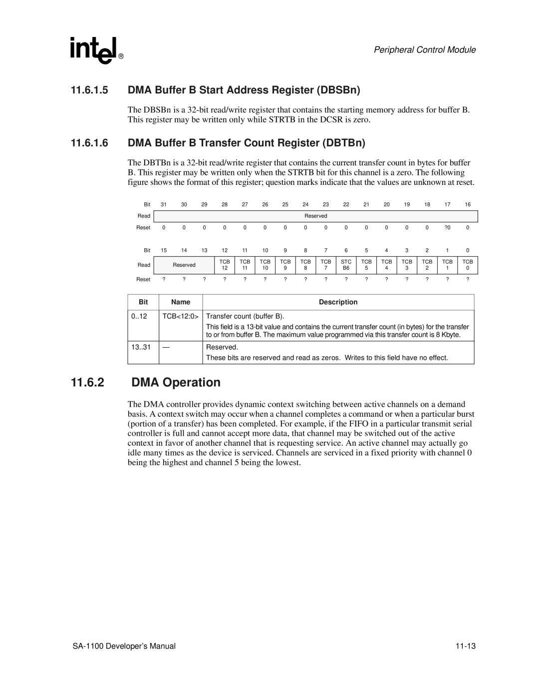 Intel SA-1100 manual DMA Operation, DMA Buffer B Start Address Register DBSBn, DMA Buffer B Transfer Count Register DBTBn 