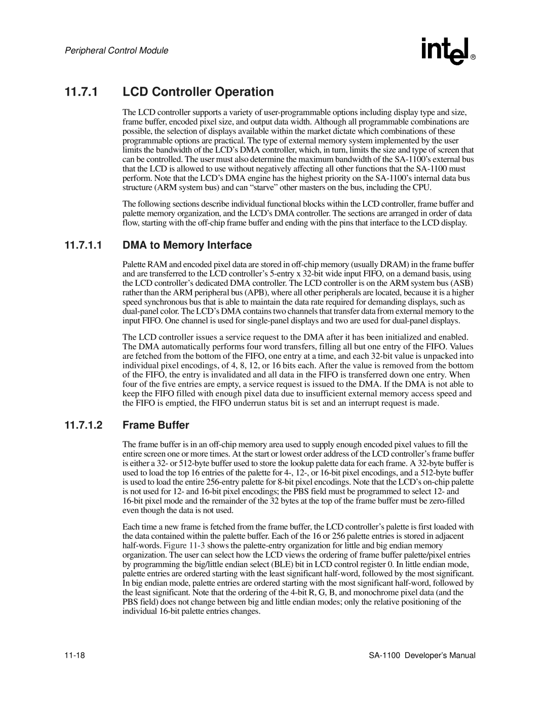 Intel SA-1100 manual LCD Controller Operation, DMA to Memory Interface, Frame Buffer, 11-18 