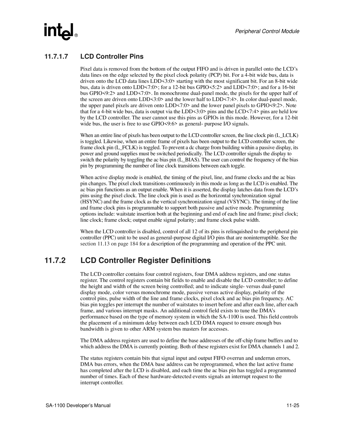 Intel SA-1100 manual LCD Controller Register Definitions, LCD Controller Pins 