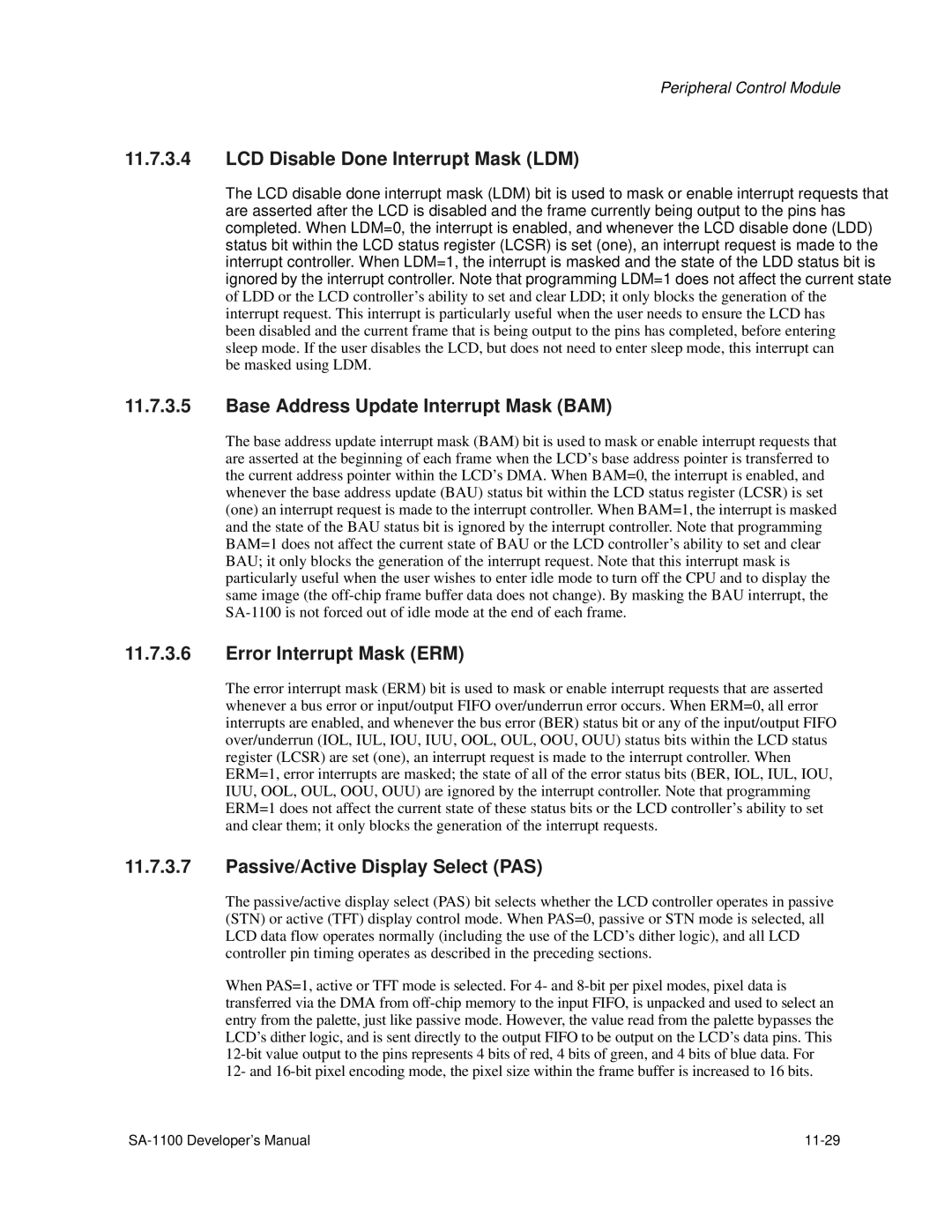 Intel SA-1100 manual LCD Disable Done Interrupt Mask LDM, Base Address Update Interrupt Mask BAM, Error Interrupt Mask ERM 