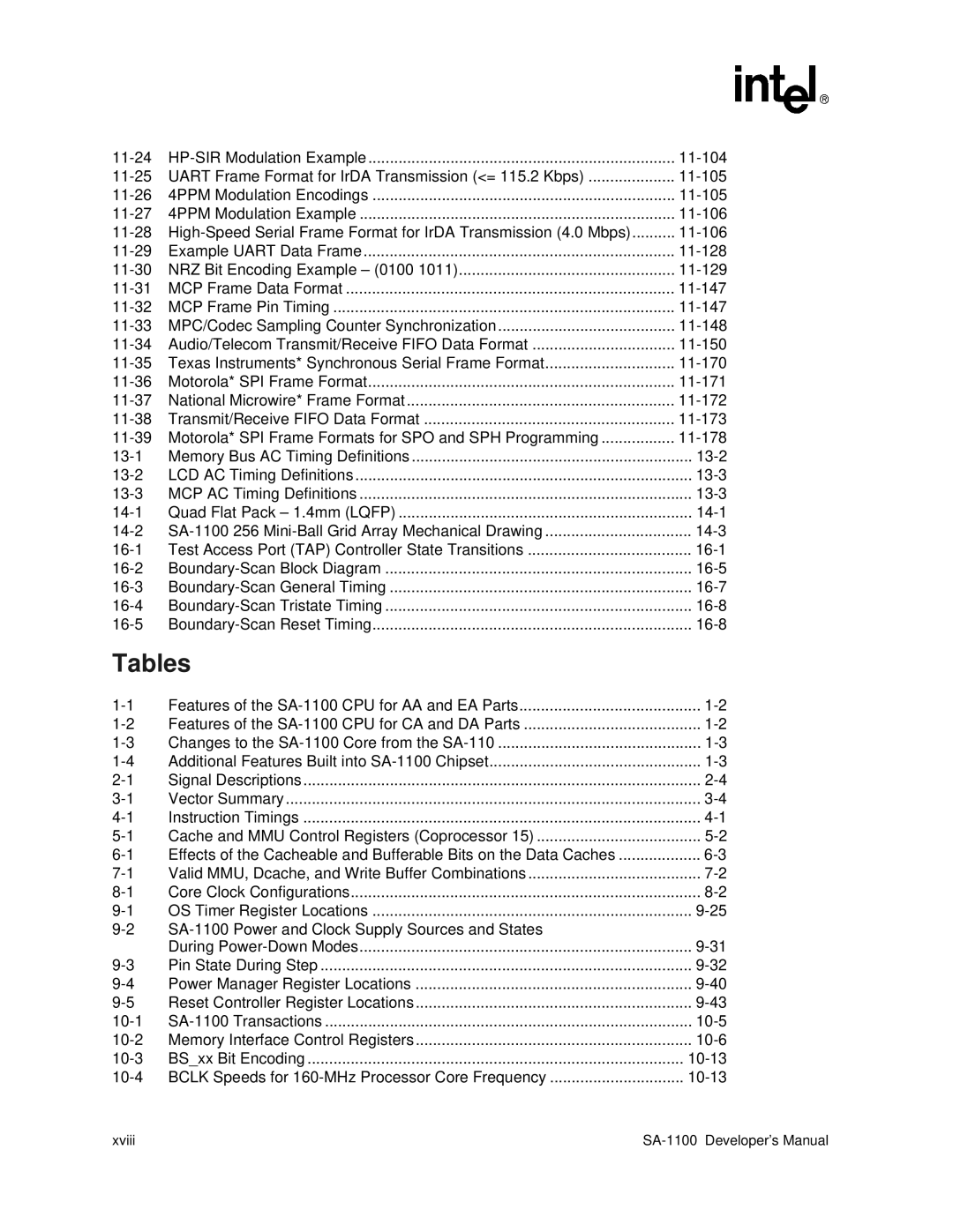 Intel manual Tables, SA-1100 Power and Clock Supply Sources and States 