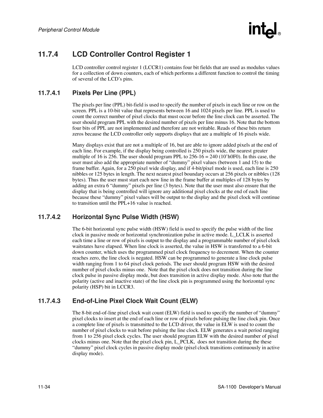 Intel SA-1100 manual Pixels Per Line PPL, Horizontal Sync Pulse Width HSW, End-of-Line Pixel Clock Wait Count ELW, 11-34 