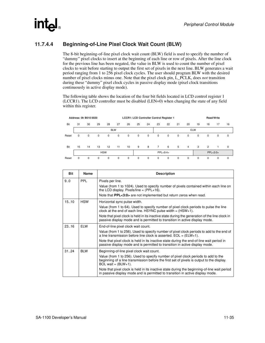 Intel SA-1100 manual Beginning-of-Line Pixel Clock Wait Count BLW, Ppl, Hsw, Elw, Blw 