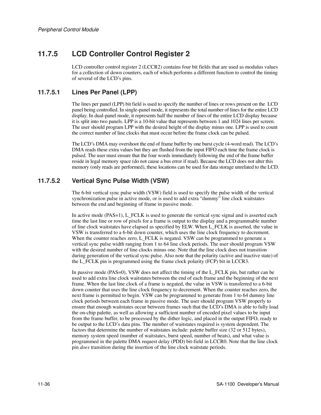 Intel SA-1100 manual Lines Per Panel LPP, Vertical Sync Pulse Width VSW, 11-36 