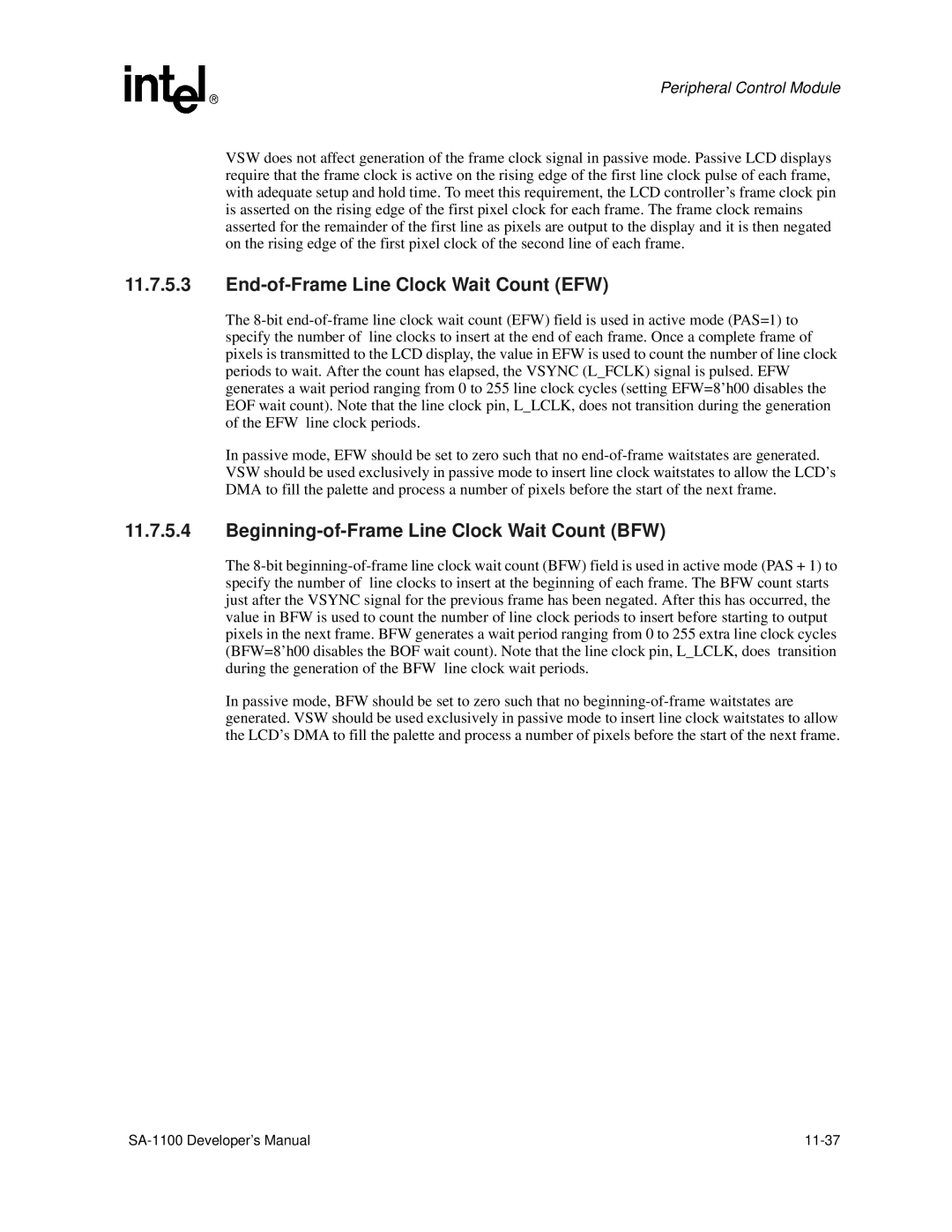 Intel SA-1100 manual End-of-Frame Line Clock Wait Count EFW, Beginning-of-Frame Line Clock Wait Count BFW 