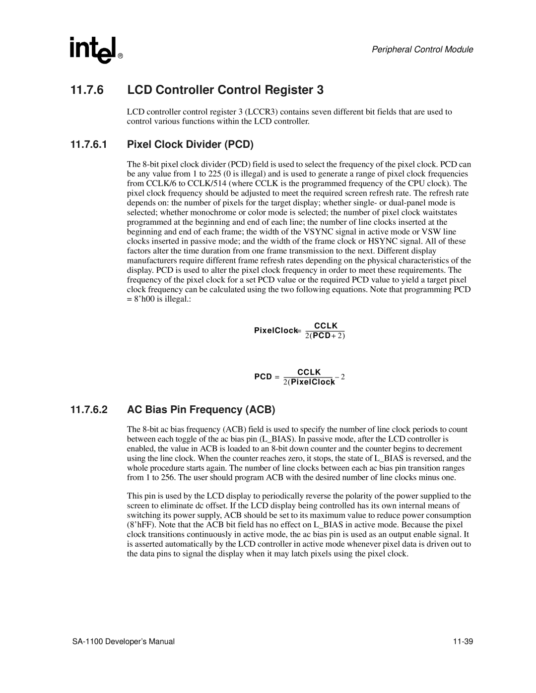 Intel SA-1100 manual Pixel Clock Divider PCD, AC Bias Pin Frequency ACB 