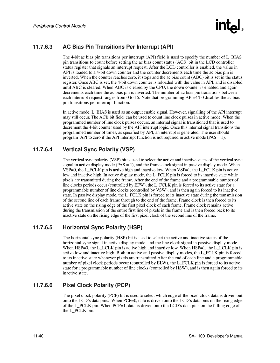 Intel SA-1100 AC Bias Pin Transitions Per Interrupt API, Vertical Sync Polarity VSP, Horizontal Sync Polarity HSP, 11-40 