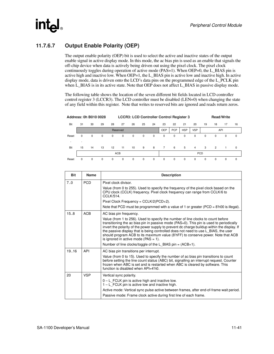 Intel SA-1100 manual Output Enable Polarity OEP, Address 0h B010 