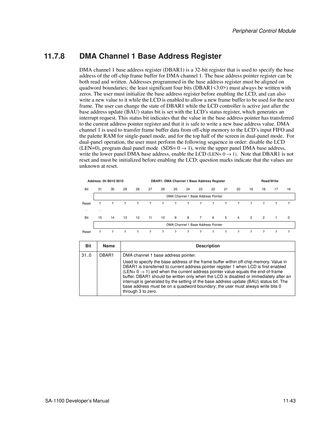 Intel SA-1100 DMA Channel 1 Base Address Register, 31..0, DBAR1, DMA channel 1 base address pointer, Through 3 to zero 