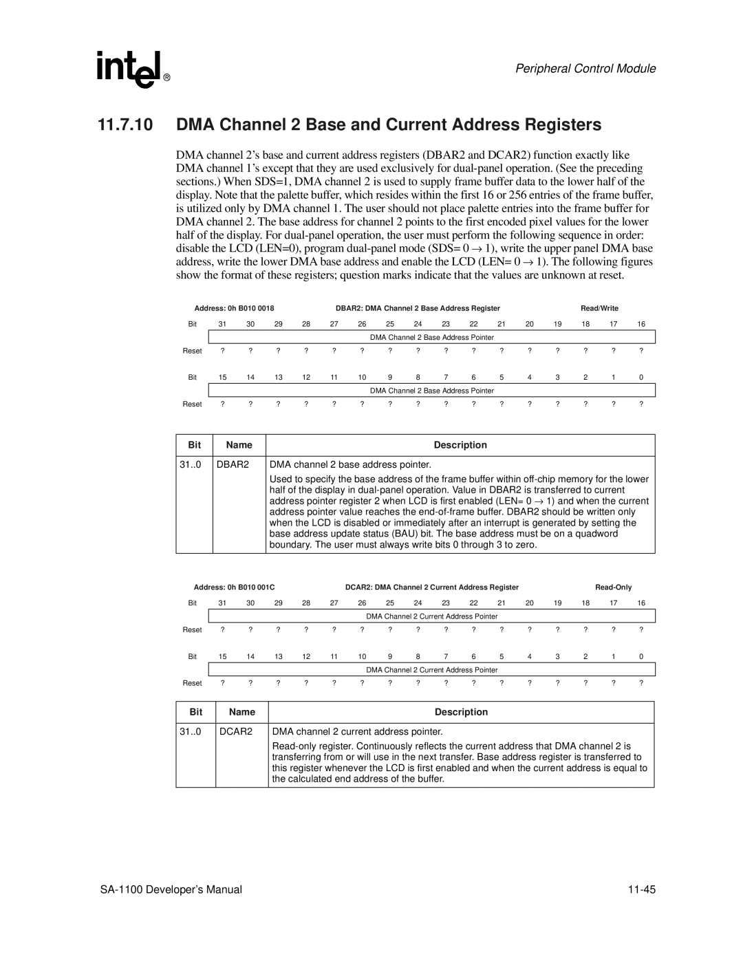 Intel SA-1100 manual DMA Channel 2 Base and Current Address Registers, DBAR2, DCAR2, DMA channel 2 current address pointer 