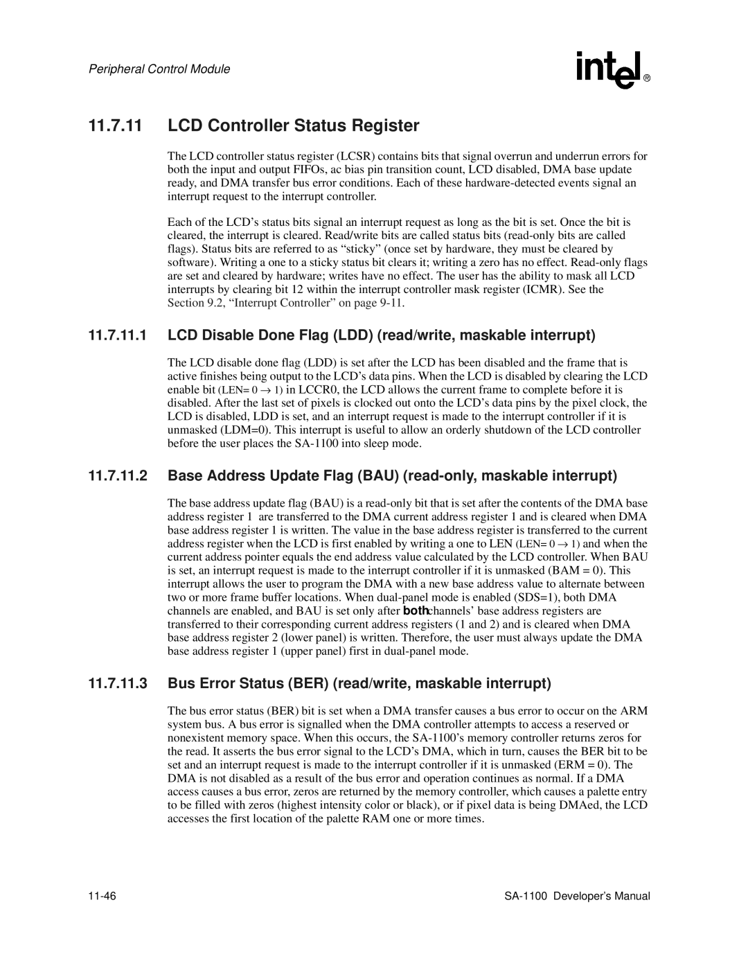 Intel SA-1100 manual LCD Controller Status Register, LCD Disable Done Flag LDD read/write, maskable interrupt, 11-46 