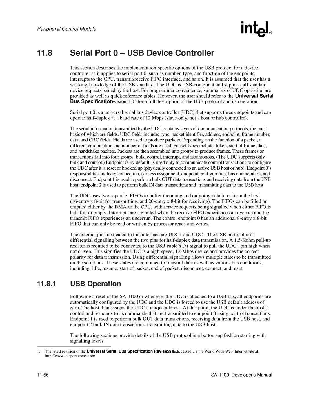 Intel SA-1100 manual Serial Port 0 USB Device Controller, USB Operation, 11-56 