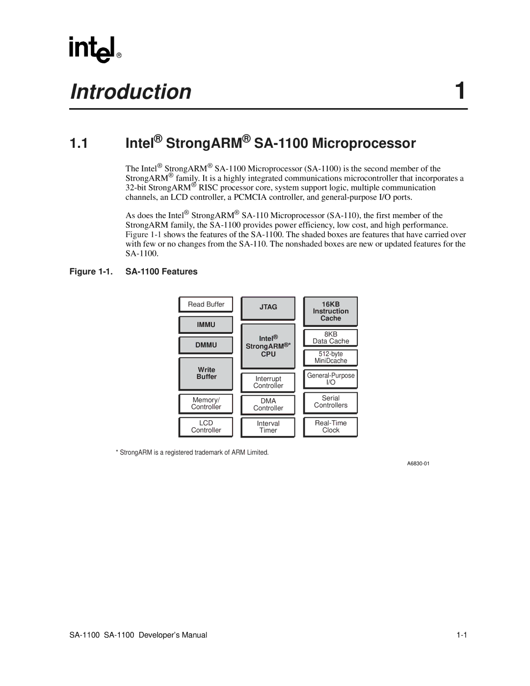 Intel manual Introduction, Intel StrongARM SA-1100 Microprocessor, Lcd, Dma, 8KB 