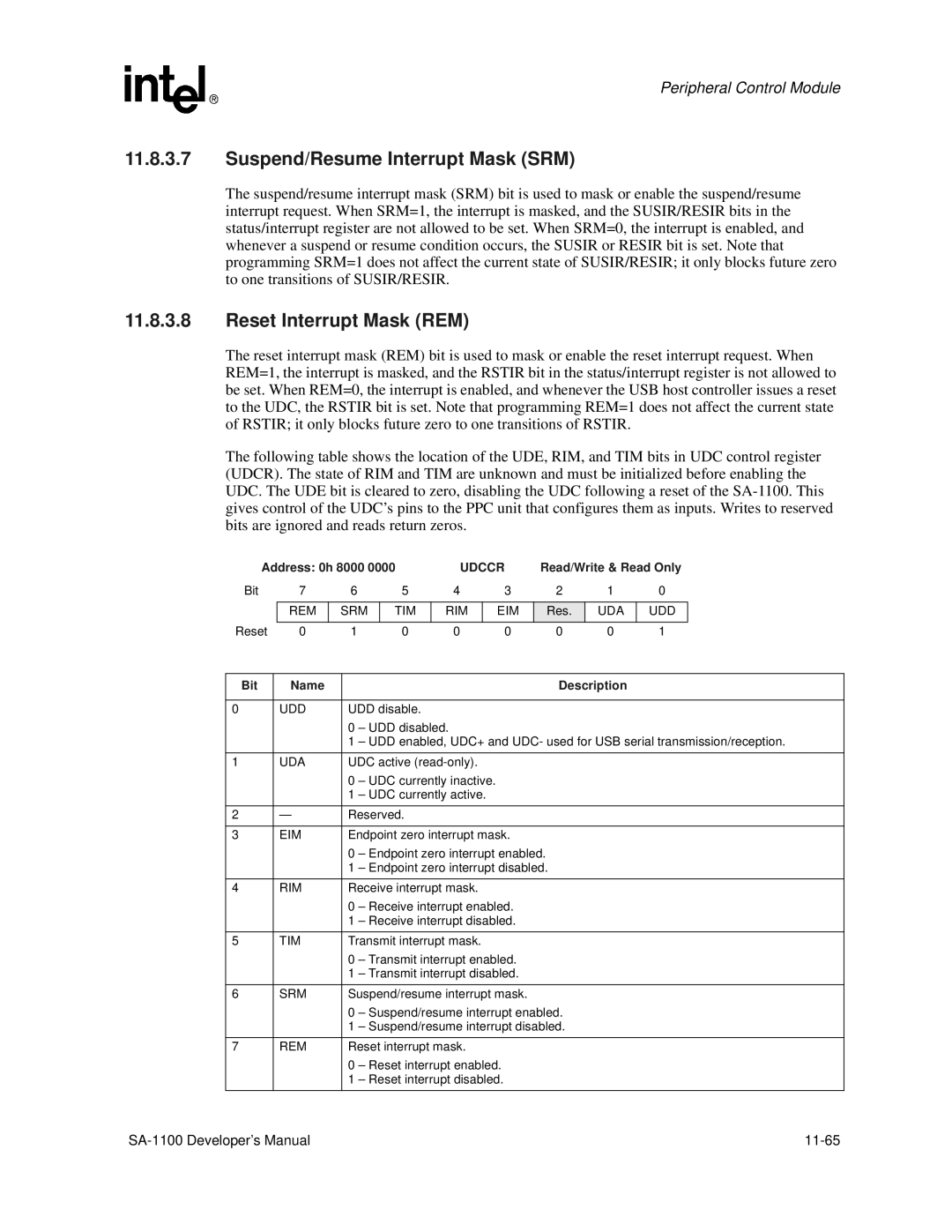 Intel SA-1100 manual Suspend/Resume Interrupt Mask SRM, Reset Interrupt Mask REM, Address 0h 8000, Udccr 