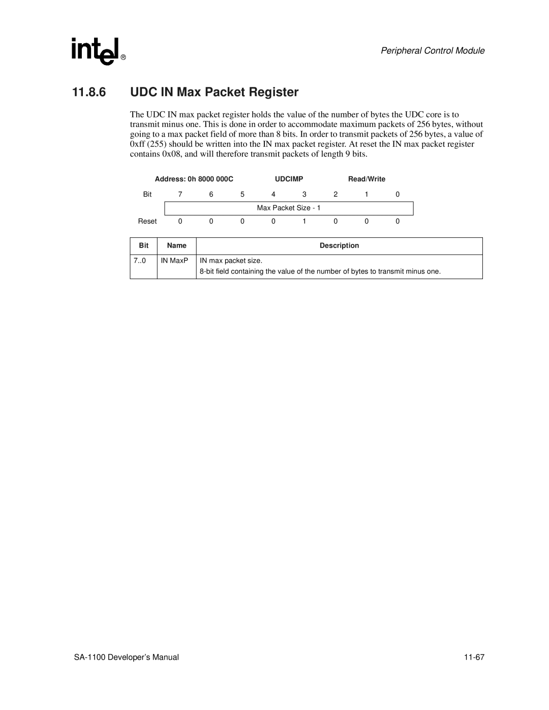 Intel SA-1100 manual UDC in Max Packet Register, Address 0h 8000 000C, Udcimp 