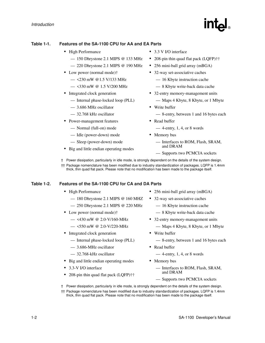 Intel manual Features of the SA-1100 CPU for AA and EA Parts, Features of the SA-1100 CPU for CA and DA Parts 