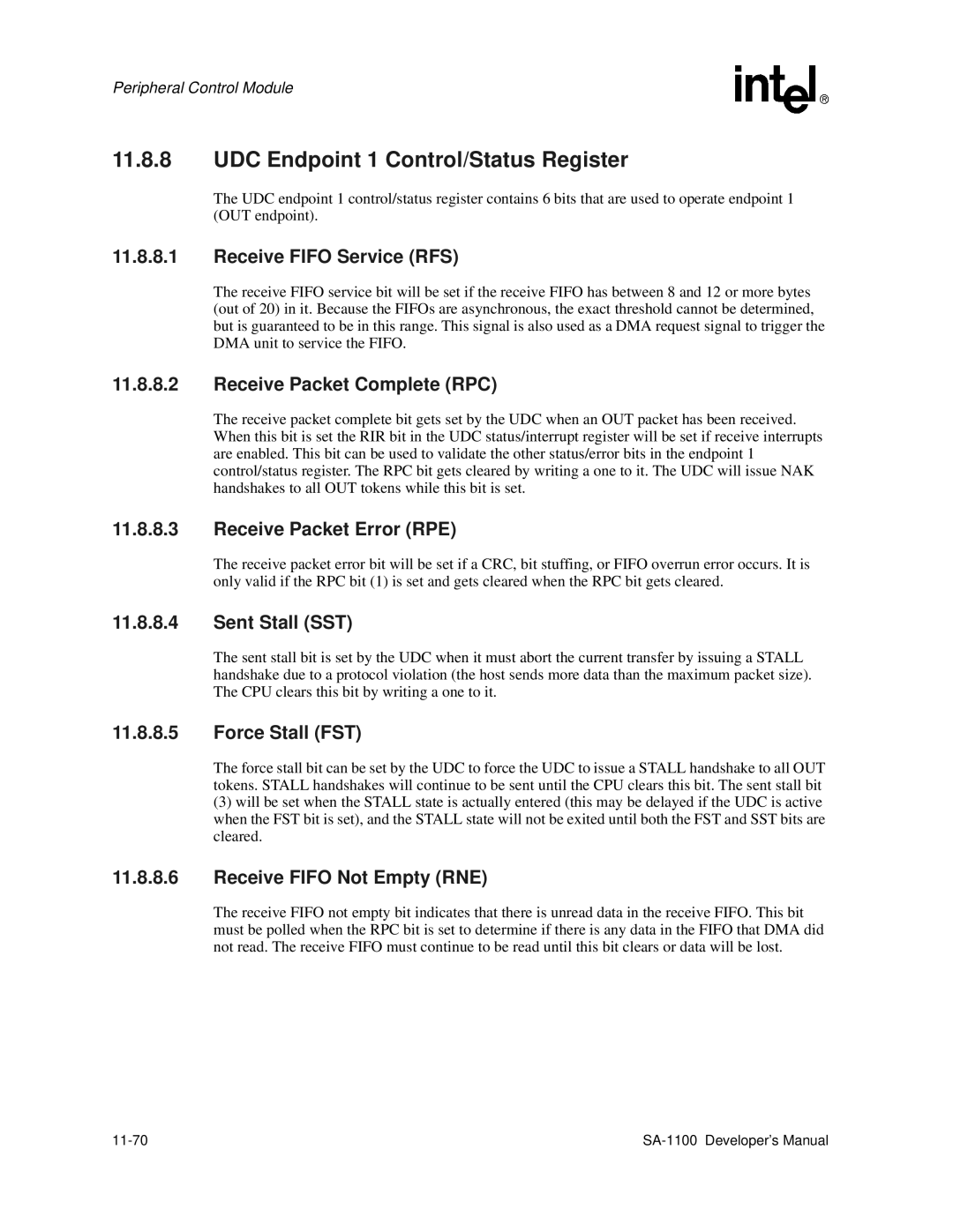 Intel SA-1100 manual UDC Endpoint 1 Control/Status Register, Receive Fifo Service RFS, Receive Packet Complete RPC 