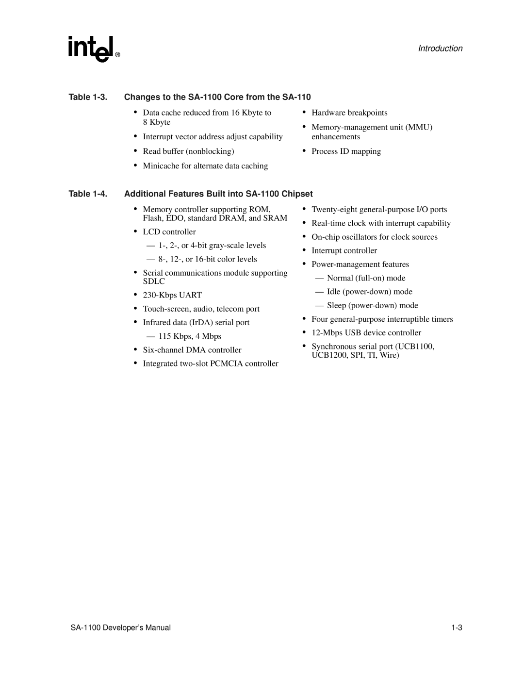 Intel manual Changes to the SA-1100 Core from the SA-110, Additional Features Built into SA-1100 Chipset 