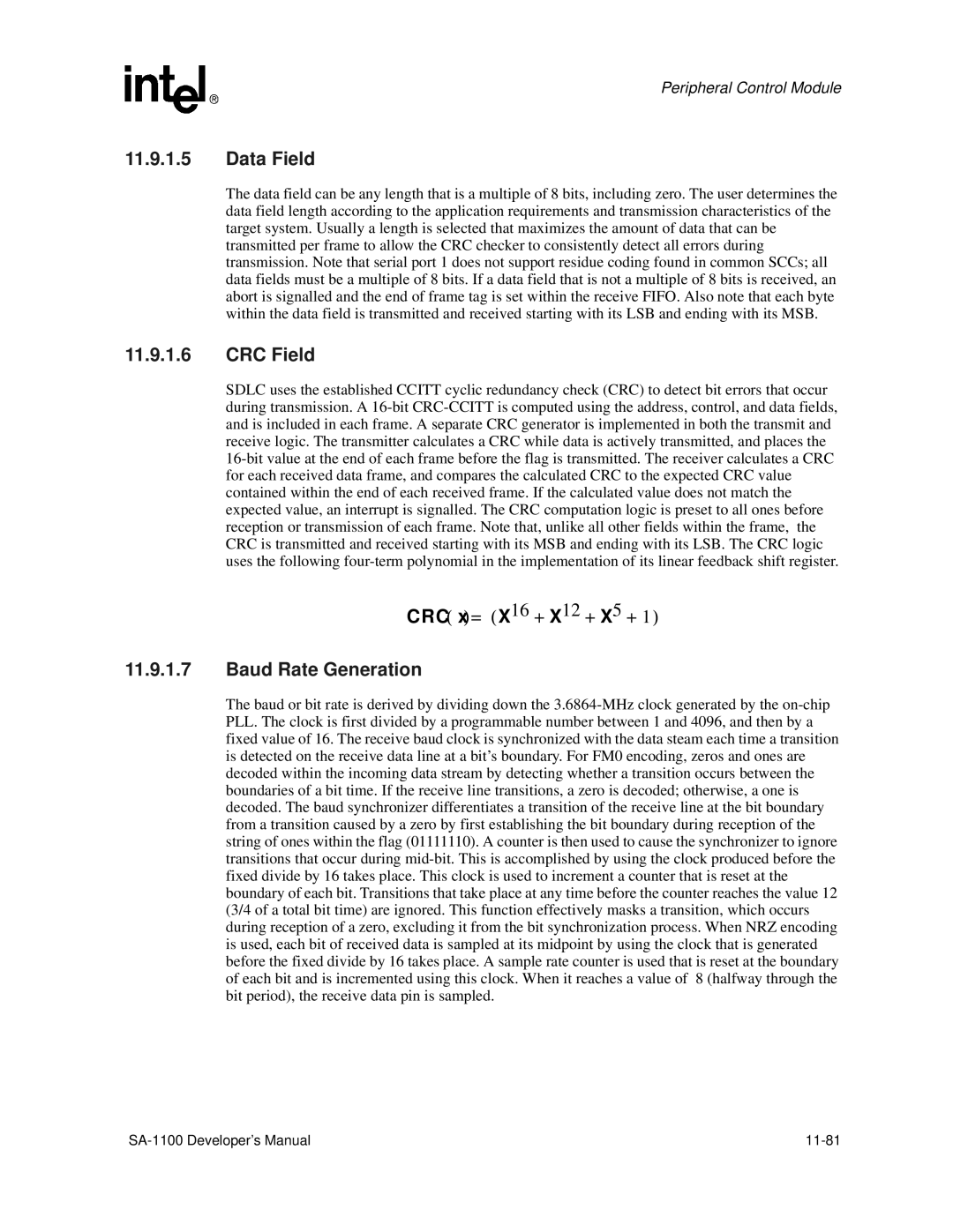 Intel SA-1100 manual Data Field, CRC Field, Baud Rate Generation 