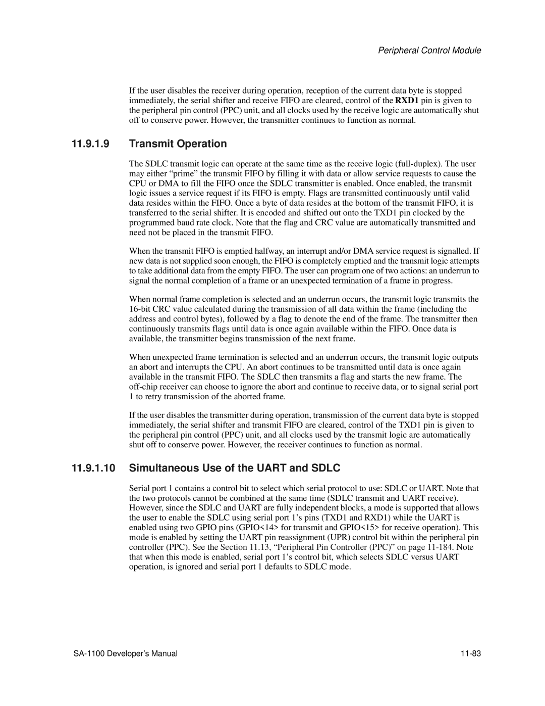 Intel SA-1100 manual Transmit Operation, Simultaneous Use of the Uart and Sdlc 